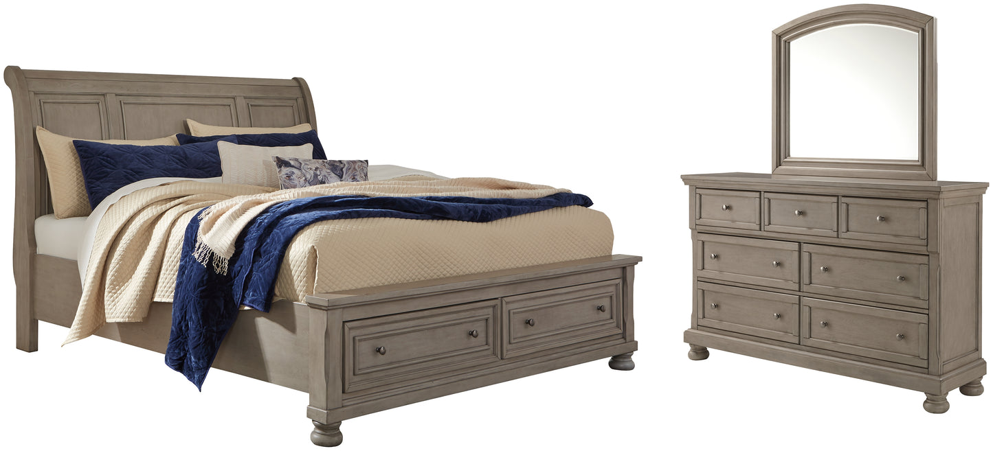 Lettner King Sleigh Bed with 2 Storage Drawers with Mirrored Dresser